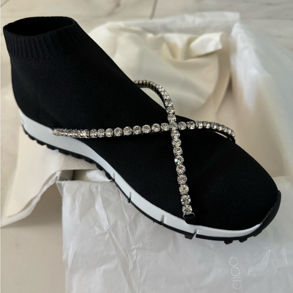 NEW Jimmy Choo black knit sock sneakers w Swarovski crystals - TORRI - EU38 US7